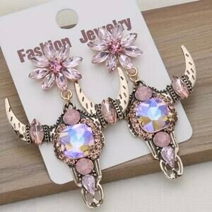 Western Chic Bull Head & Sunflower Glass Dangle Earrings Gothic Style, Stainless